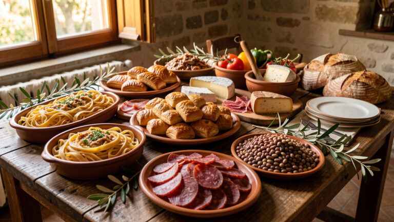 Table rustique d’Isernia garnie de spécialités traditionnelles du Molise, avec pâtes artisanales, fromages locaux, charcuteries, légumes de saison et pain rustique.