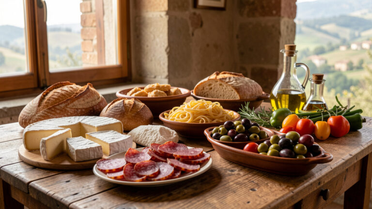 Table rustique présentant des spécialités culinaires typiques du Molise, avec fromages artisanaux, charcuteries, pâtes fraîches, pain, olives et légumes régionaux.