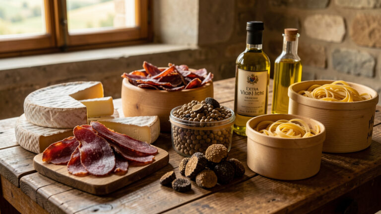 Sélection de produits gastronomiques artisanaux du Molise présentés sur une table en bois rustique, avec fromages, charcuteries, légumineuses, produits à la truffe, huile d’olive et pâtes artisanales.