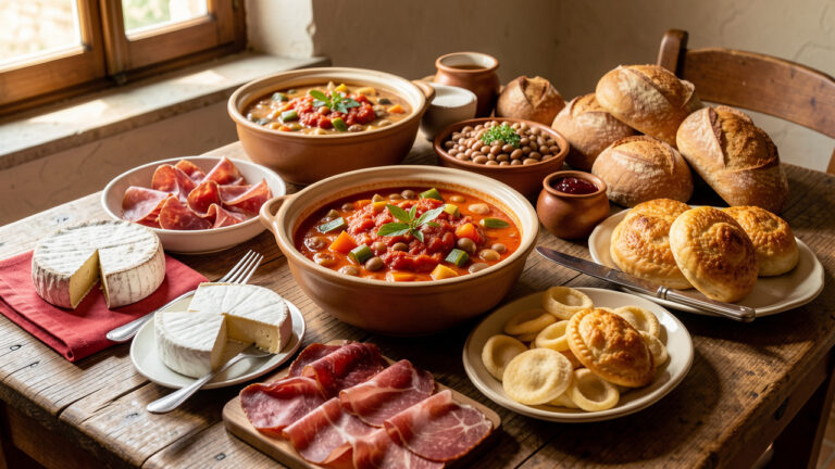 Table rustique présentant des spécialités culinaires du Molise, avec des pâtes cavatelli, une soupe de haricots et légumes, des fromages, de la charcuterie, du pain frais et des pâtisseries dorées.