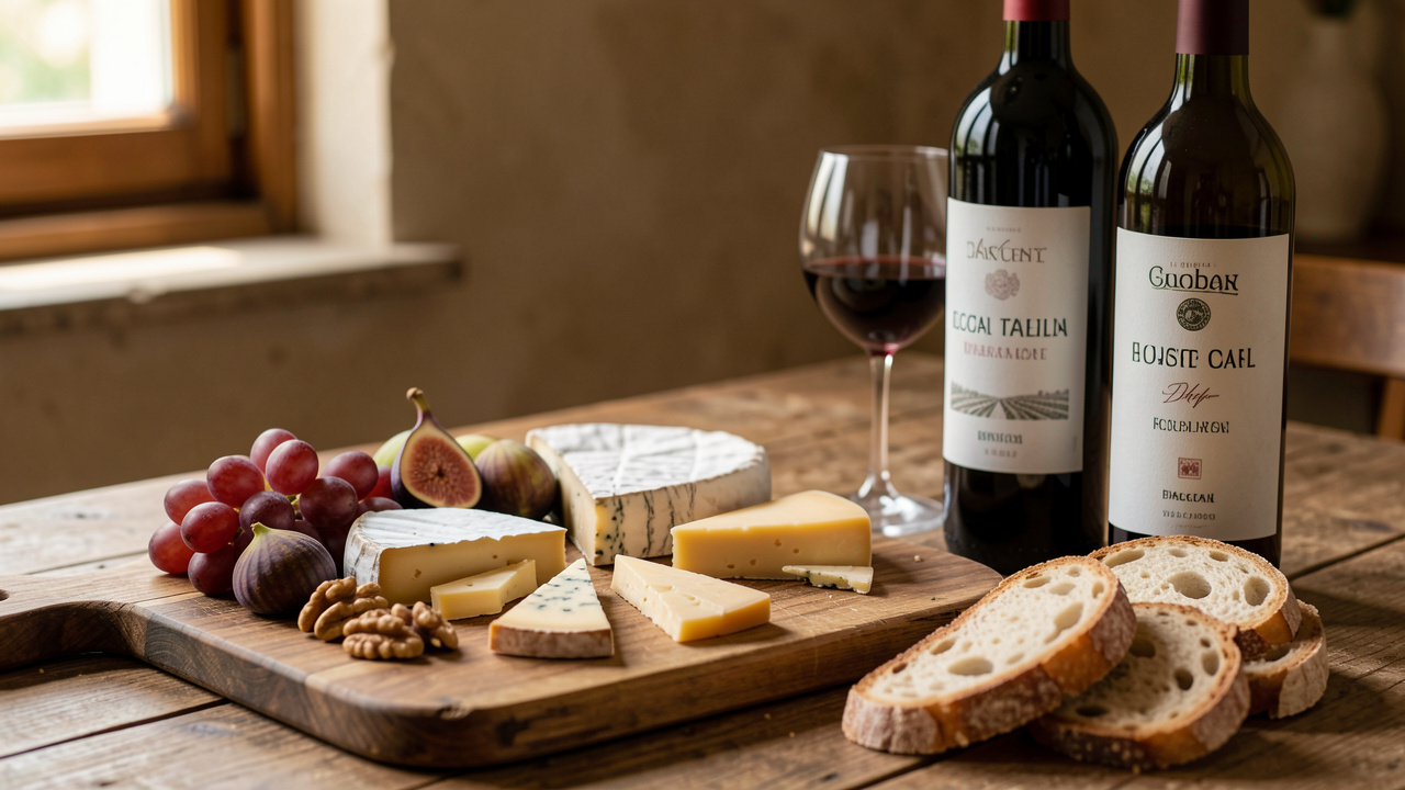 Un plateau rustique garni de fromages locaux, de fruits, de noix et de pain, accompagné d'un verre et d'une bouteille de vin rouge.