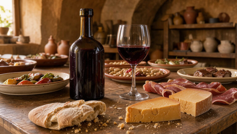 Bouteille de vin rouge Tintilia du Molise accompagnée de mets traditionnels régionaux dans une cave rustique.