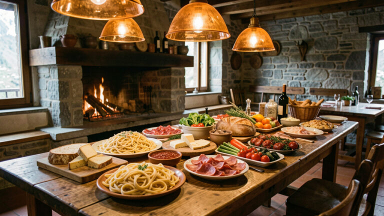 Table rustique dans une trattoria de montagne près d’Isernia, garnie de spécialités authentiques du Molise dans une ambiance chaleureuse.