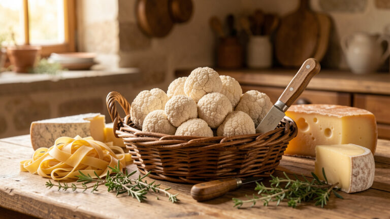 Truffes blanches du Molise dans un panier rustique, accompagnées de pâtes fraîches, de beurre, de fromage affiné et d’herbes sauvages.