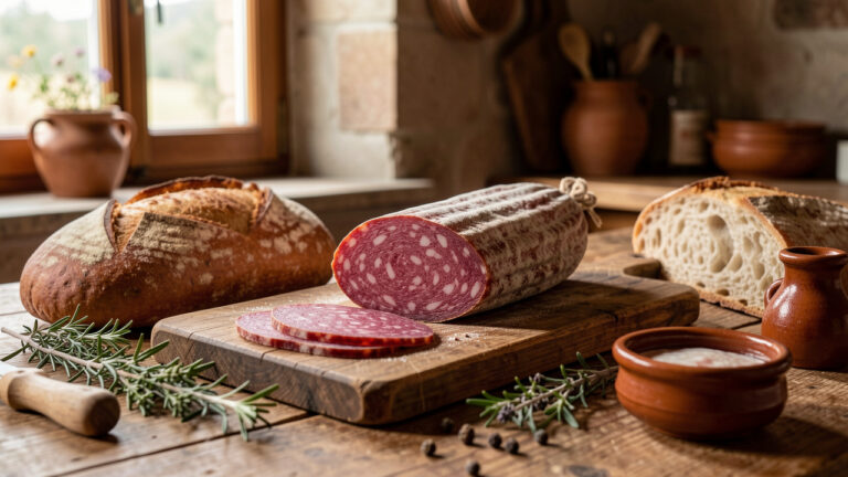 Ventricina molisana artisanale tranchée sur une planche en bois, accompagnée de pain rustique, d’herbes et d’ingrédients typiques du Molise dans une cuisine chaleureuse.