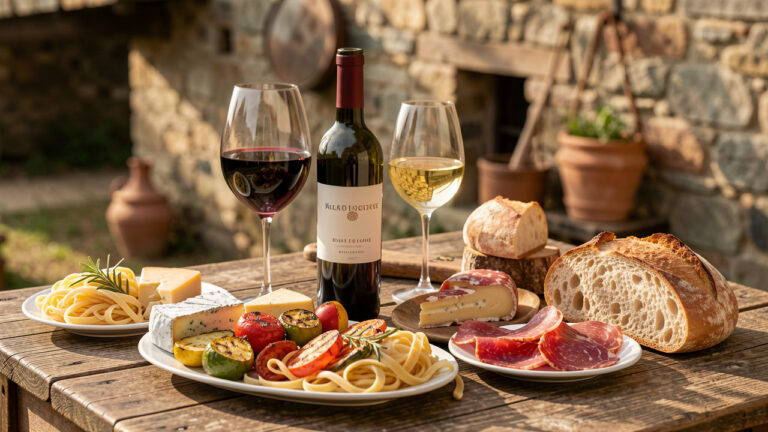 Table rustique présentant des vins du Molise et des spécialités de la cuisine traditionnelle italienne