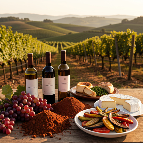 Bouteilles de vin sans étiquettes, raisins mûrs, terroir et plats régionaux disposés devant un vignoble baigné par la lumière dorée.